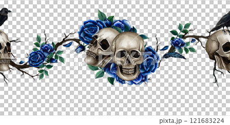 Gothic seamless banner with skulls, crow, blue roses and branches. Watercolor illustration for Halloween or Day of the Dead Holiday on white background. Gothic style for wrapping paper and background 121683224
