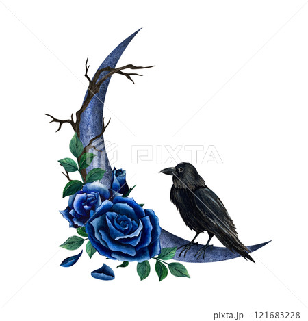 Сrescent moon with black crow and dark blue roses, branch and leaves. Watercolor illustration isolated from the background. Gothic style for Halloween. Astrology, poster, textile, logo, print product Сrescent moon with black crow and dark blue roses, branch and leaves. Watercolor illustration isolated from the background. Gothic style for Halloween. Astrology, poster, textile, logo, print product 121683228