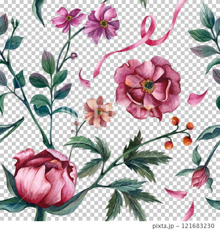 Flowers seamless pattern with leaves and ribbon. Botanical watercolor illustration on white background. Ornament is suitable for spring holidays and for gift wrapping on International Women's Day Flowers seamless pattern with leaves and ribbon. Botanical watercolor illustration on white background. Ornament is suitable for spring holidays and for gift wrapping on International Women's Day 121683230