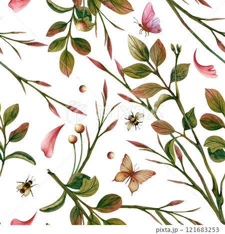 Floral seamless pattern with leaves, butterflies, bees and soft petals. Watercolor illustration isolated from the background. Spring retro ornament for wrapping paper, wedding cards, BD, for textile Floral seamless pattern with leaves, butterflies, bees and soft petals. Watercolor illustration isolated from the background. Spring retro ornament for wrapping paper, wedding cards, BD, for textile 121683253
