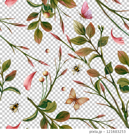 Floral seamless pattern with leaves, butterflies, bees and soft petals. Watercolor illustration isolated from the background. Spring retro ornament for wrapping paper, wedding cards, BD, for textile Floral seamless pattern with leaves, butterflies, bees and soft petals. Watercolor illustration isolated from the background. Spring retro ornament for wrapping paper, wedding cards, BD, for textile 121683253