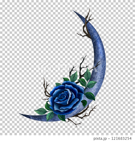 New moon with dark blue roses and branches. Watercolor illustration on isolated background. Hand drawn composition in Gothic style and Esoteric design. Astrological card, logo, fortune telling 121683254