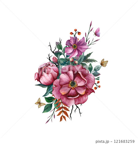Floral arrangement with peonies and anemones. Watercolor illustration with butterflies and leaves on white background. Spring composition for postcards and invitations, March 8, women's birthday Floral arrangement with peonies and anemones. Watercolor illustration with butterflies and leaves on white background. Spring composition for postcards and invitations, March 8, women's birthday 121683259