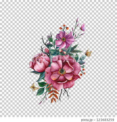 Floral arrangement with peonies and anemones. Watercolor illustration with butterflies and leaves on white background. Spring composition for postcards and invitations, March 8, women's birthday Floral arrangement with peonies and anemones. Watercolor illustration with butterflies and leaves on white background. Spring composition for postcards and invitations, March 8, women's birthday 121683259