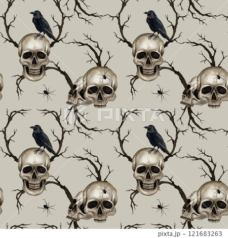 Seamless pattern with skulls, dry branches, spider and black raven. Watercolor illustration on the beige background. Hand drawn Halloween or Gothic ornament for textile, packing, web design, postcard Seamless pattern with skulls, dry branches, spider and black raven. Watercolor illustration on the beige background. Hand drawn Halloween or Gothic ornament for textile, packing, web design, postcard 121683263