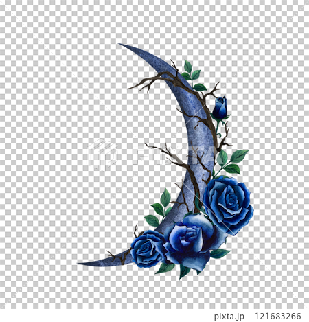 Crescent with flowers, dry branches and rose leaves. Watercolor illustration isolated from the background. Hand drawn Gothic style and Esoteric design. Astrology, poster, textile, logo, print product Crescent with flowers, dry branches and rose leaves. Watercolor illustration isolated from the background. Hand drawn Gothic style and Esoteric design. Astrology, poster, textile, logo, print product 121683266