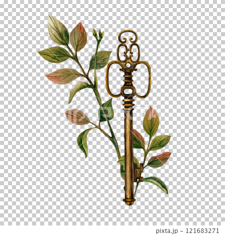 Vintage key and leaves. Watercolor illustration isolated from the background. Hand drawn composition for postcards, cards, leaflets, stationery. For making patterns, print products, web design 121683271