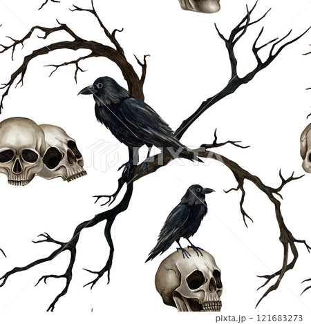 Seamless pattern with skulls and black crows on the branches. Watercolor illustration isolated from the background. Hand drawn ornament in Gothic style for textile, packaging, web design, postcard Seamless pattern with skulls and black crows on the branches. Watercolor illustration isolated from the background. Hand drawn ornament in Gothic style for textile, packaging, web design, postcard 121683273