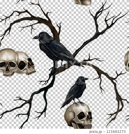 Seamless pattern with skulls and black crows on the branches. Watercolor illustration isolated from the background. Hand drawn ornament in Gothic style for textile, packaging, web design, postcard 121683273