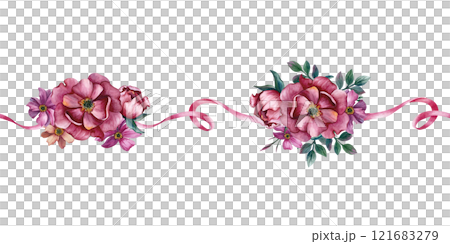 Seamless pattern with flowers and ribbon. Horizontal pattern with pink peony. Watercolor illustration on white background. Ornament for paper, spring collection on International Women's Day, banners Seamless pattern with flowers and ribbon. Horizontal pattern with pink peony. Watercolor illustration on white background. Ornament for paper, spring collection on International Women's Day, banners 121683279