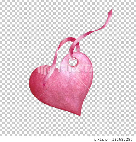 Paper tag in the shape of a heart with pink ribbons. Watercolor illustration on isolated background. Template are used for gift boxes and flower bouquets for Mother's Day and Valentine's Day, March 8 121683289