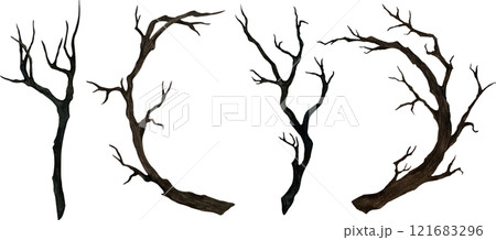 Set of Dark brown dry branches without leaves. Watercolor illustration on isolated background. Dry curved ramification hand drawn for Gothic and Halloween designs. Esoteric elements for composition 121683296