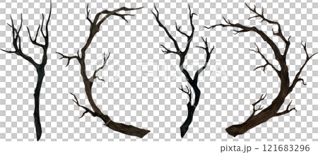 Set of Dark brown dry branches without leaves. Watercolor illustration on isolated background. Dry curved ramification hand drawn for Gothic and Halloween designs. Esoteric elements for composition 121683296