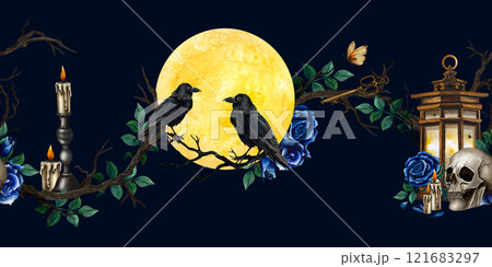 Seamless pattern with large full moon, skulls, vintage lantern and candelabrum, roses and branches. Watercolor illustration in Gothic style for Halloween or Day of the Dead isolated from background 121683297