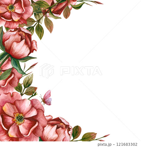 Flower frame with little butterfly. Watercolor illustration on the white background. Peonies with leaves for greeting cards and wedding or birthday invitation, March 8, Mother's Day, Daughter's Day Flower frame with little butterfly. Watercolor illustration on the white background. Peonies with leaves for greeting cards and wedding or birthday invitation, March 8, Mother's Day, Daughter's Day 121683302