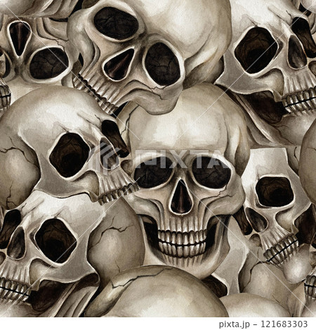 Gothic seamless pattern with substituted skulls. Watercolor illustration. Hand drawn skull for Halloween or Esoteric design can be used on textile, packing, web design, greeting cards or postcard Gothic seamless pattern with substituted skulls. Watercolor illustration. Hand drawn skull for Halloween or Esoteric design can be used on textile, packing, web design, greeting cards or postcard 121683303