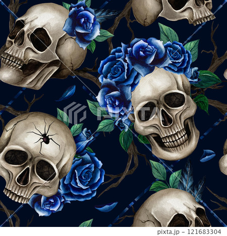 Seamless pattern in Gothic style with skulls and blue roses. Watercolor illustration for Halloween on the dark background. Gothic style for wrapping paper on Halloween, textile and print product Seamless pattern in Gothic style with skulls and blue roses. Watercolor illustration for Halloween on the dark background. Gothic style for wrapping paper on Halloween, textile and print product 121683304