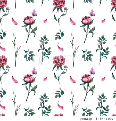 Simple floral seamless pattern with peonies, leaves and butterfly. Flowers watercolor illustration on isolate background. Spring ornament for gift, paper on March 8 or Birthday, for textile and web Simple floral seamless pattern with peonies, leaves and butterfly. Flowers watercolor illustration on isolate background. Spring ornament for gift, paper on March 8 or Birthday, for textile and web 121683305
