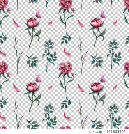 Simple floral seamless pattern with peonies, leaves and butterfly. Flowers watercolor illustration on isolate background. Spring ornament for gift, paper on March 8 or Birthday, for textile and web Simple floral seamless pattern with peonies, leaves and butterfly. Flowers watercolor illustration on isolate background. Spring ornament for gift, paper on March 8 or Birthday, for textile and web 121683305