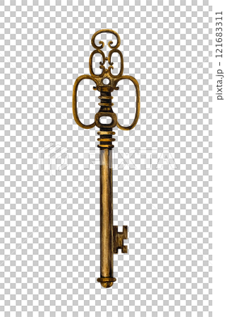 Vintage bronze key. Watercolor illustration on isolated background. Old metal openwork key hand drawing for Halloween and Gothic design. Esoteric retro object 121683311