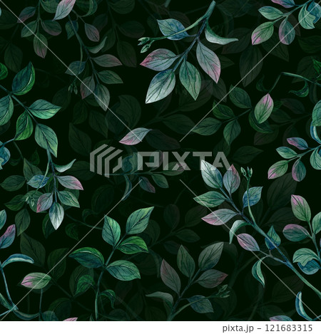Seamless pattern with leaves. Watercolor illustration on black background. Ornament for textile, wrapping paper, web design, phone cover, cosmetic and shopping bags. Also suitable as a funeral card 121683315