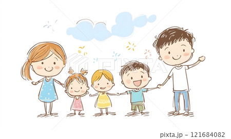 Playful Hand-Drawn Illustration of a Happy Family Holding Hands Playful Hand-Drawn Illustration of a Happy Family Holding Hands 121684082
