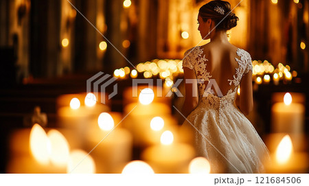 キャンドルに囲まれたウェディングドレスの後ろ姿 121684506