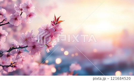 夕陽に染まる桜の花と街並み 121684520
