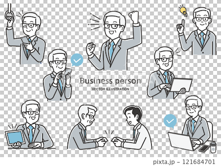 Illustration set of facial expressions and gestures of an elderly male office worker Illustration set of facial expressions and gestures of an elderly male office worker 121684701
