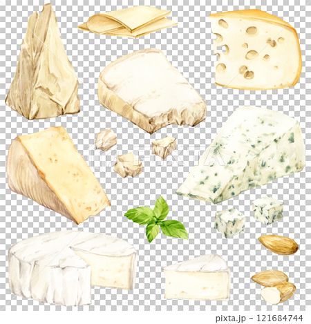 Large watercolor set of cheese. Different types of hard and soft cheeses cut into pieces. Dairy fermented products hand drawn illustration. Perfect for menu, recipe, label, packaging design. Large watercolor set of cheese. Different types of hard and soft cheeses cut into pieces. Dairy fermented products hand drawn illustration. Perfect for menu, recipe, label, packaging design. 121684744