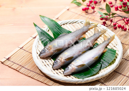 笊にのせた天然の鮎（ 和歌山県 古座川産 天然アユ ） 郷土料理  121685024
