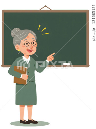 Cartoon Illustration of a Senior Teacher Explaining at Chalkboard 121685125