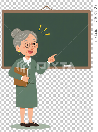Cartoon Illustration of a Senior Teacher Explaining at Chalkboard 121685125