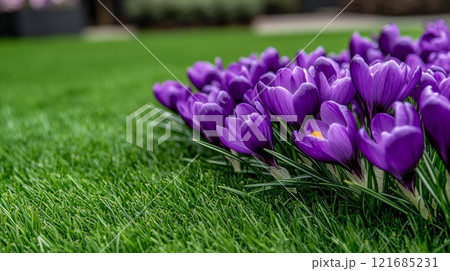 Vibrant purple crocuses blooming in lush green grass during early spring in a garden setting 121685231