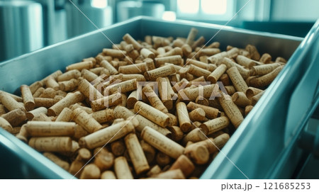 Collection of corks stored in a metal tray at a winery during the afternoon 121685253