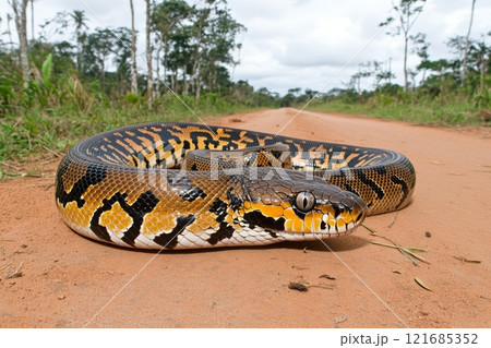 Large snake crossing a dirt road in a tropical forest during the daytime 121685352