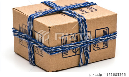 Brown cardboard box tied with blue string, ready for shipping in a home setting 121685366