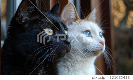 Black and white cats enjoying the sunset on a warm evening in a cozy home setting 121685438