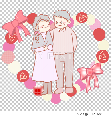 與年長夫婦和玫瑰和絲帶的心形背景 與年長夫婦和玫瑰和絲帶的心形背景 121685502