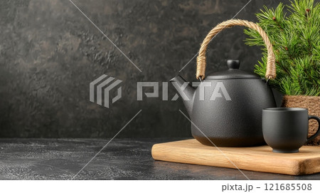 Black teapot and cup on wooden board with pine branches in a cozy indoor setting Black teapot and cup on wooden board with pine branches in a cozy indoor setting 121685508