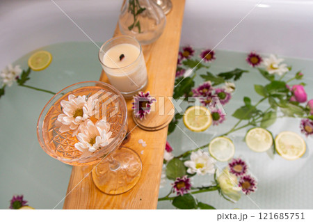 Elegant bathroom with stylish interior design, modern bath 121685751