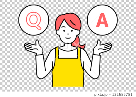 A woman in an apron accepting Q&A 121685781