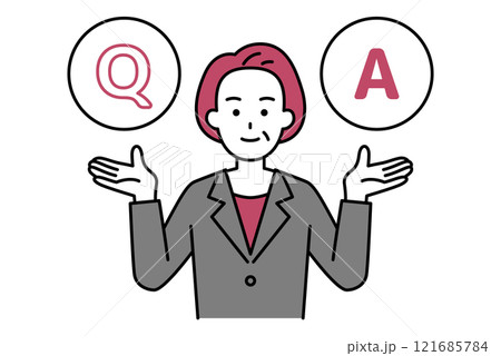 Q&Aを受け付ける中年のスーツの女性 Q&Aを受け付ける中年のスーツの女性 121685784