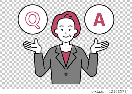 Q&Aを受け付ける中年のスーツの女性 Q&Aを受け付ける中年のスーツの女性 121685784