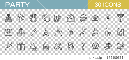 與生日派對、慶祝活動和聖誕派對相關的圖標集 121686314
