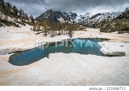 Small glacier lake near Lake Trecolpas in the French Alps Small glacier lake near Lake Trecolpas in the French Alps 121686712