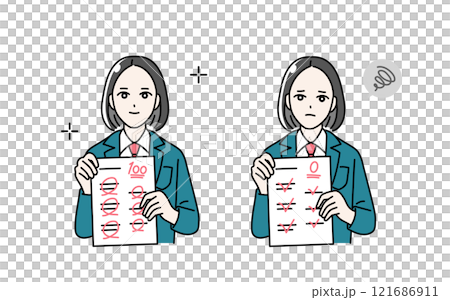 Illustration of a female student wearing a school uniform holding a test answer sheet 121686911