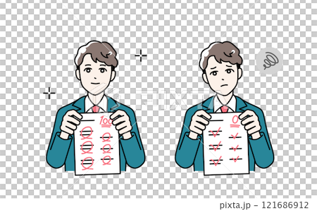 Illustration of a male student wearing a school uniform holding a test answer sheet 121686912