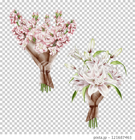 Spring bouquets for holidays and cards. Flowers are wrapped in paper. White pink lilies are collected in a bouquet. Watercolor illustration without background. Spring set.  121687463