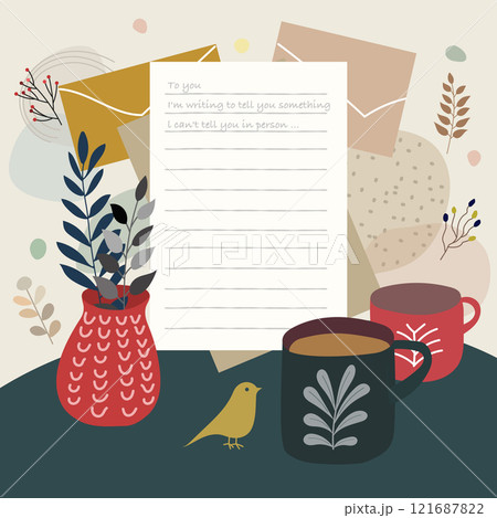 北欧風抽象模様のコーヒーと植物のある風景 北欧風抽象模様のコーヒーと植物のある風景 121687822